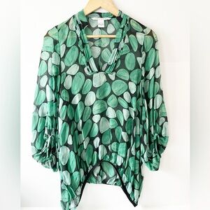 Diane Von Furstenberg Green Leaf Print Silk Blouse Size 0 Geometric Top Silk DVF